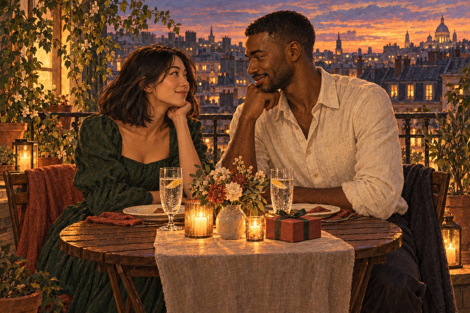 Maya and Jordan celebrate their anniversary over a candlelit balcony dinner.