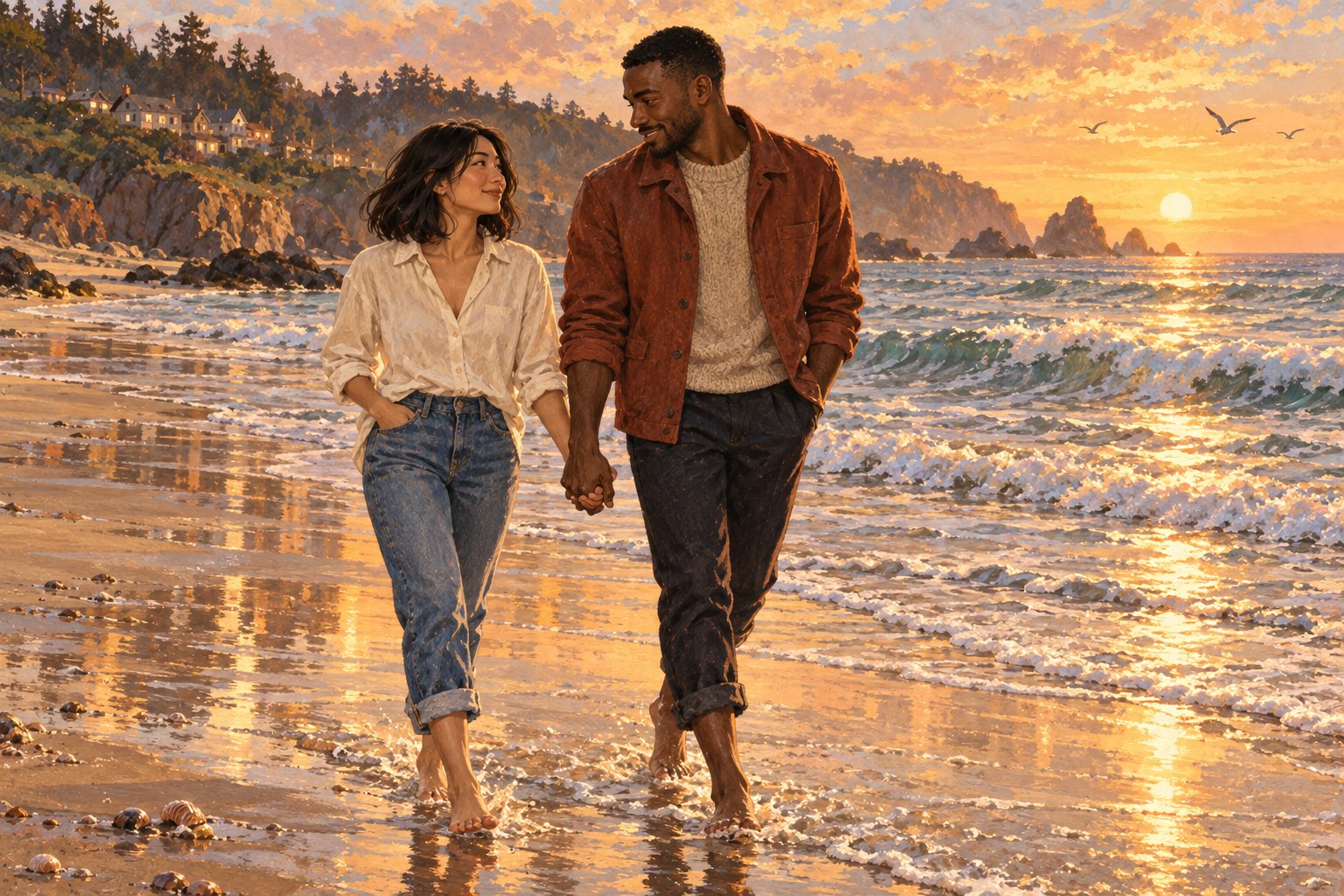 Maya and Jordan walk barefoot, hand in hand, beside the sea.