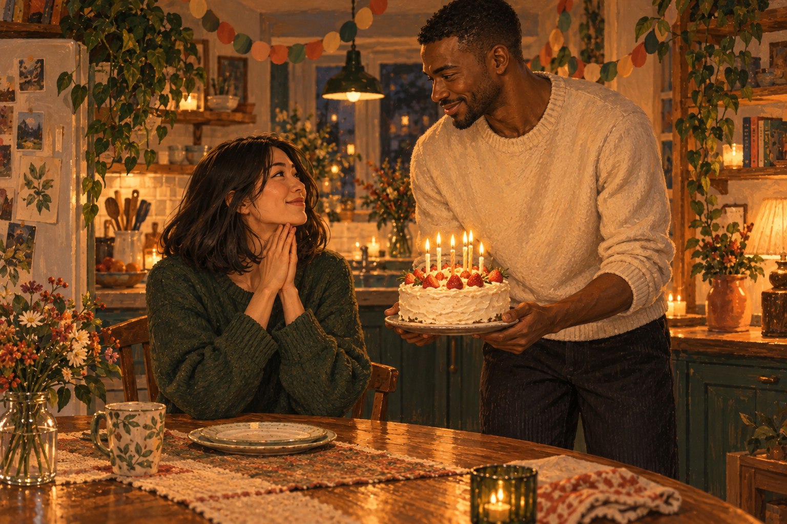 Jordan brings Maya a homemade strawberry birthday cake with candles.
