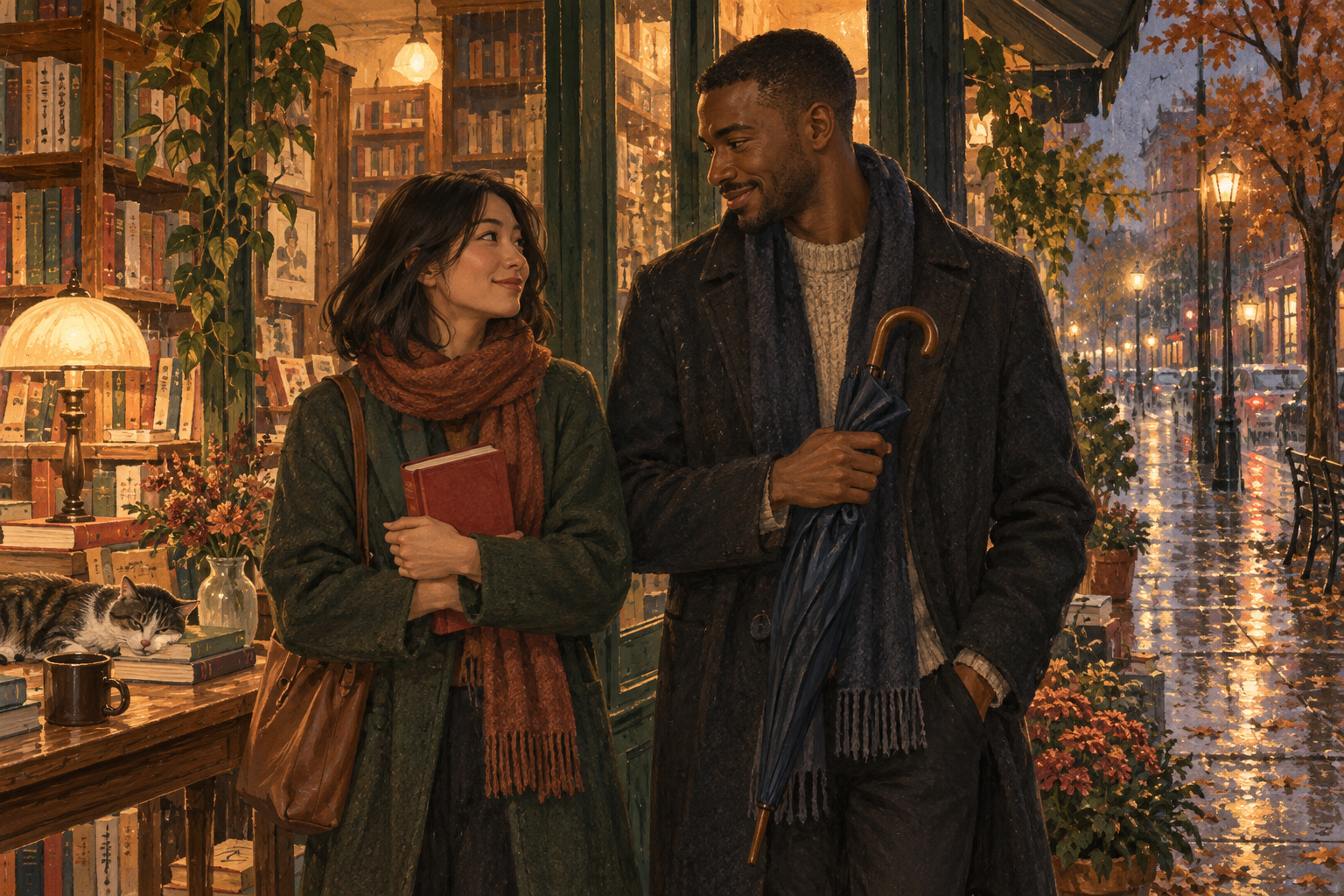 Illustrated couple meeting in a warm bookshop on a rainy evening