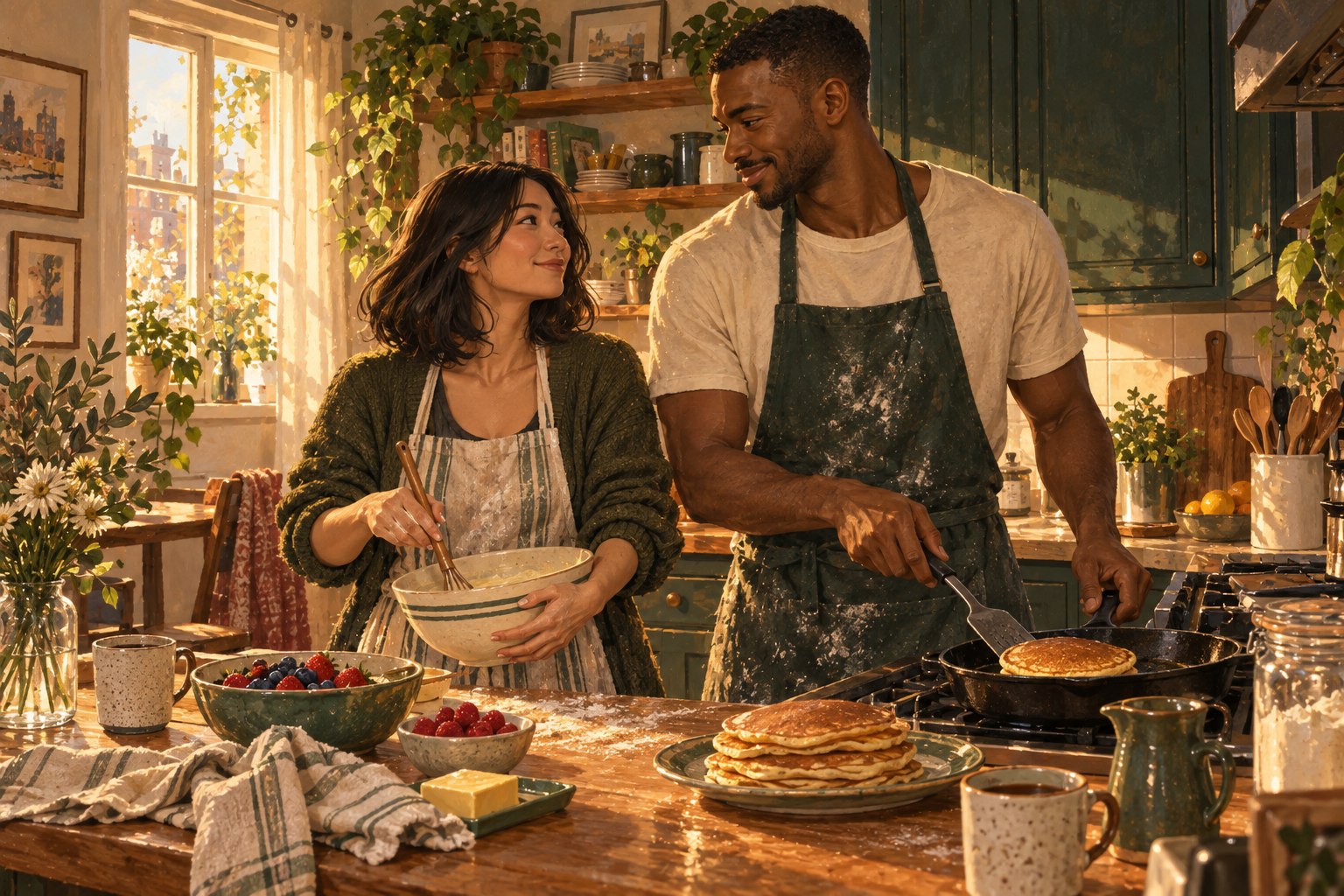 Maya and Jordan make pancakes together in their sunlit kitchen.