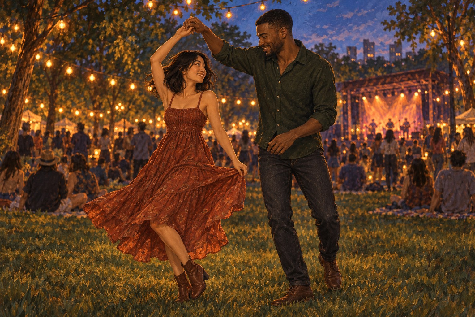 Maya and Jordan dance beneath string lights at an outdoor concert.