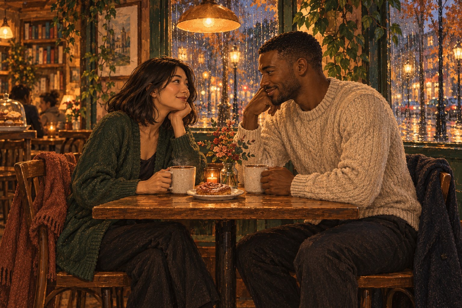 Maya and Jordan laugh together over coffee and a pastry.