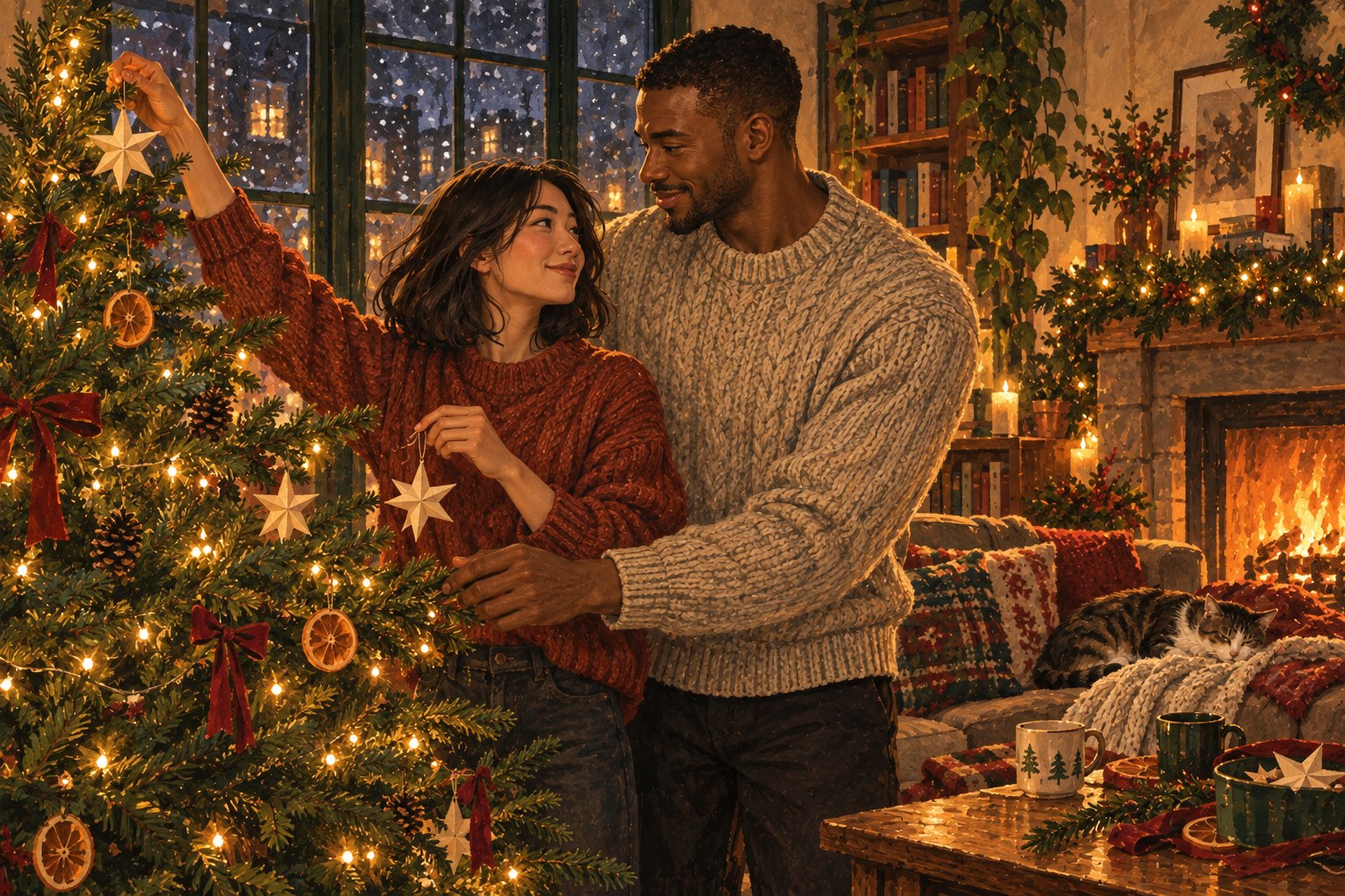 The couple decorate their Christmas tree with a handmade paper star.
