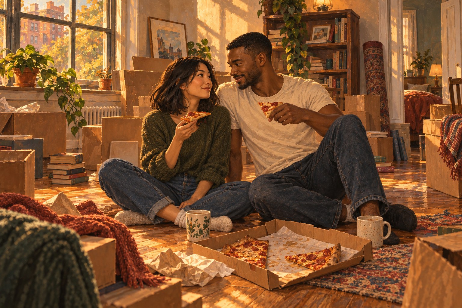 The couple share pizza on the floor of their first apartment among moving boxes.