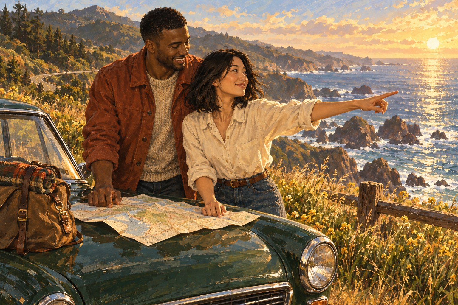 The couple stand beside their green car and a map at a coastal overlook.