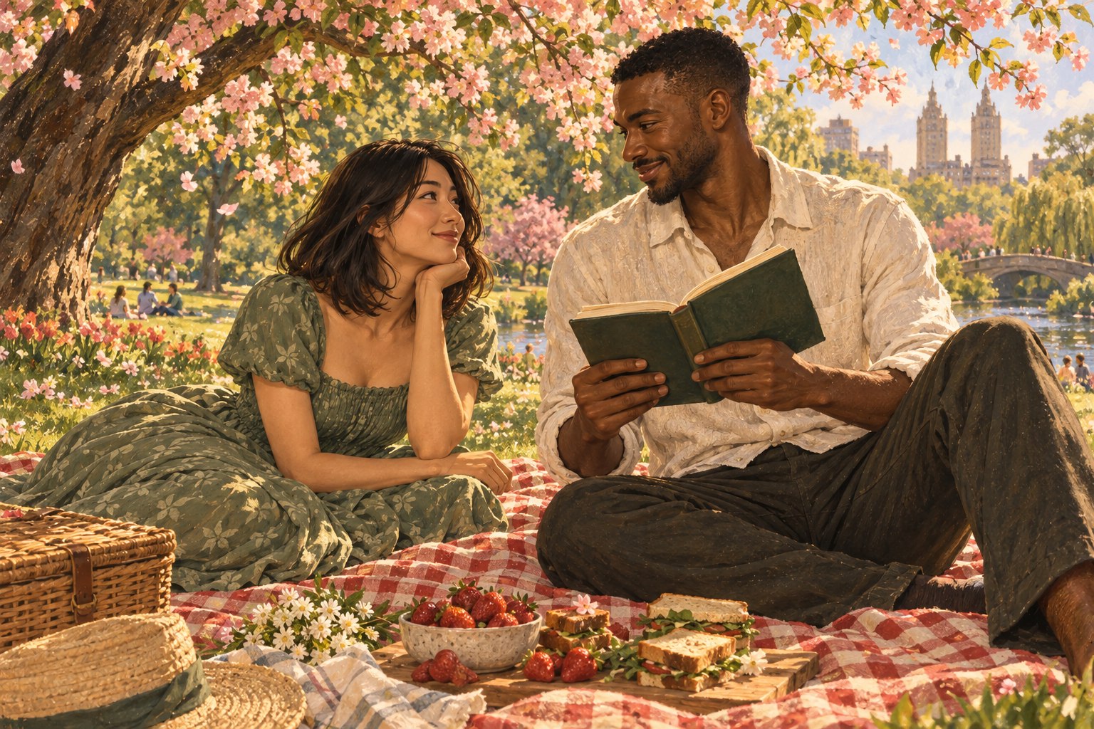 The couple share a book and a picnic beneath a flowering tree.