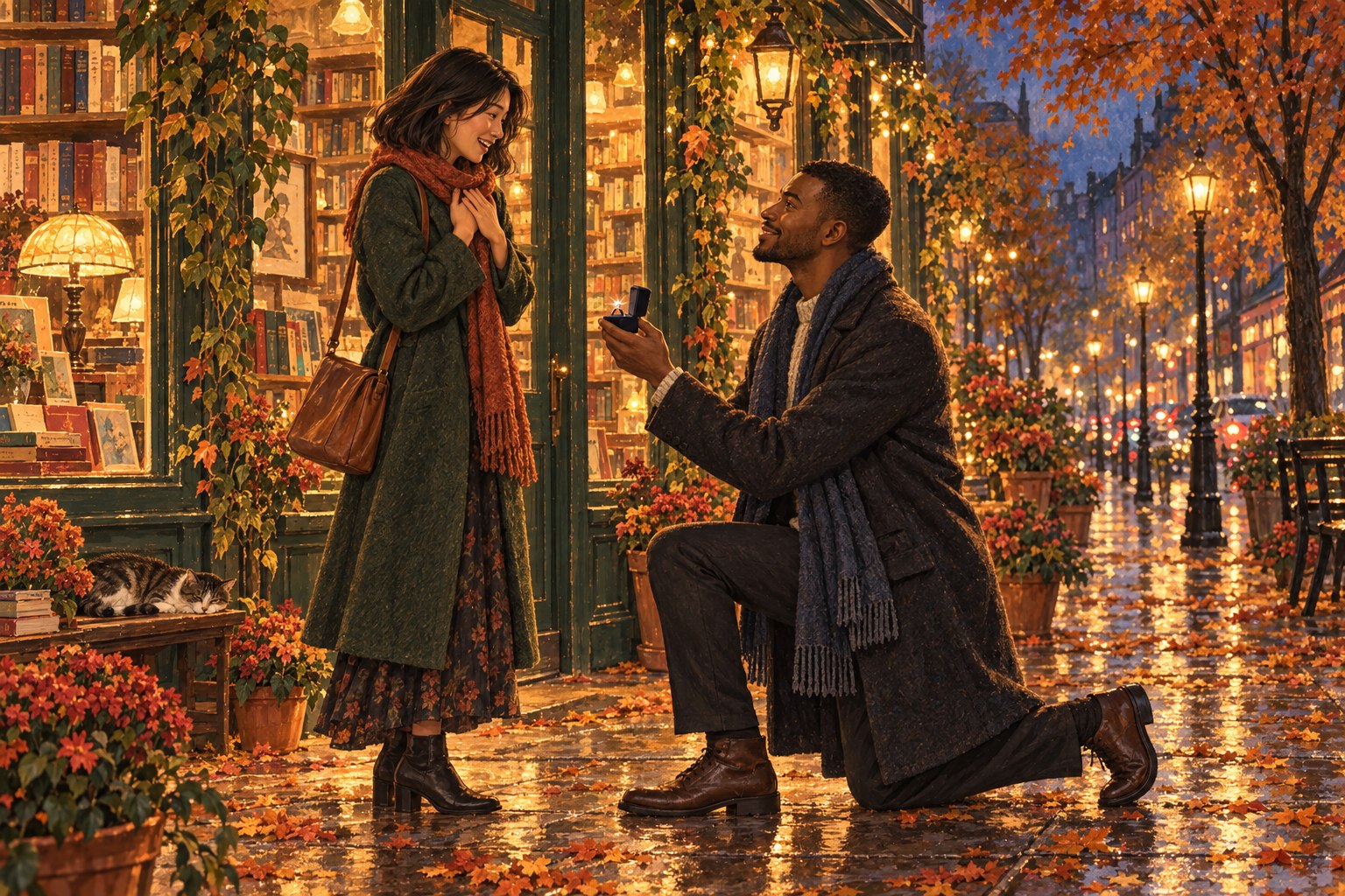 Jordan kneels with an open engagement ring box as he proposes to Maya outside their bookshop.