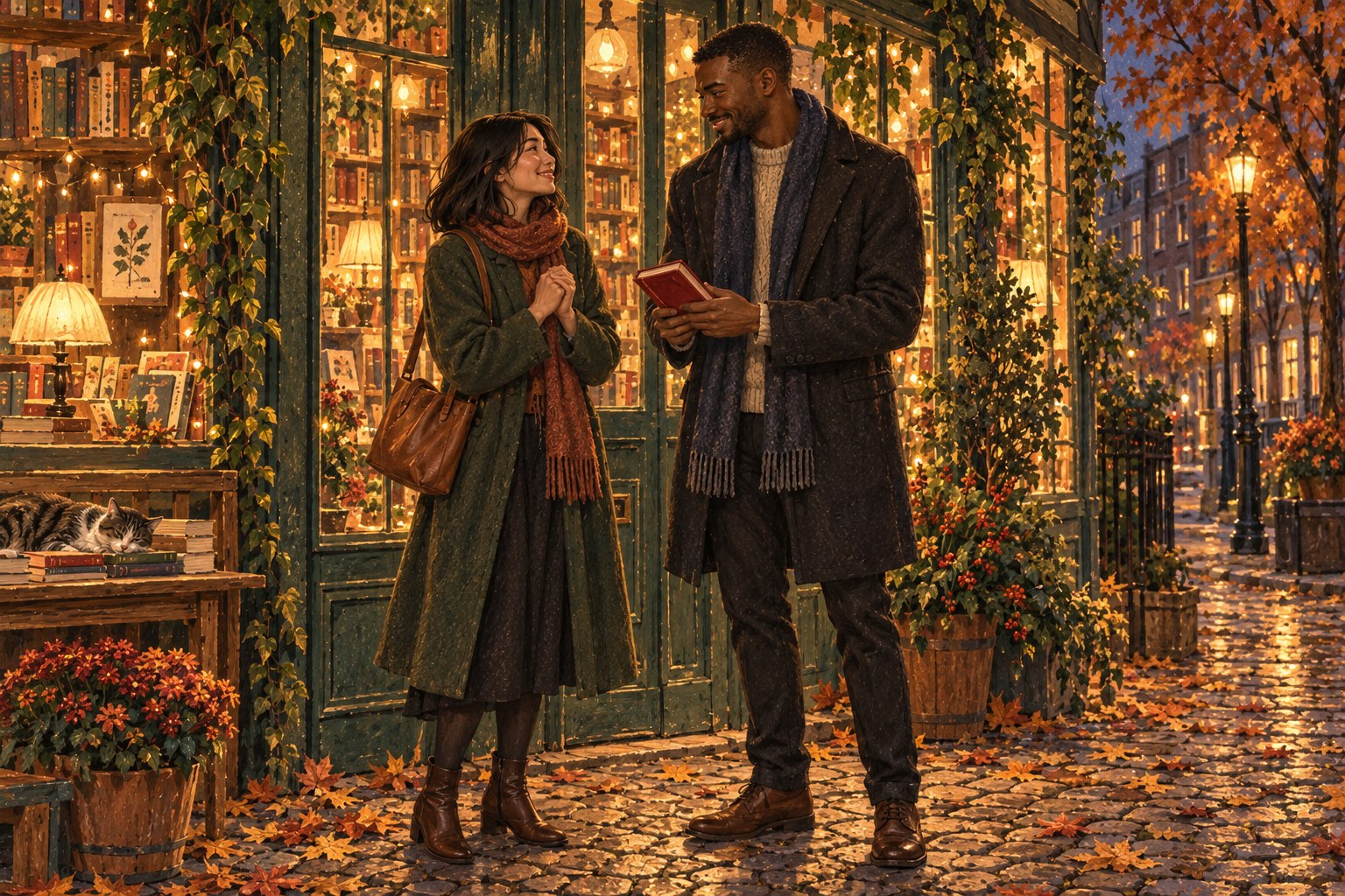 Jordan gives Maya a little red book outside the shop where they first met.