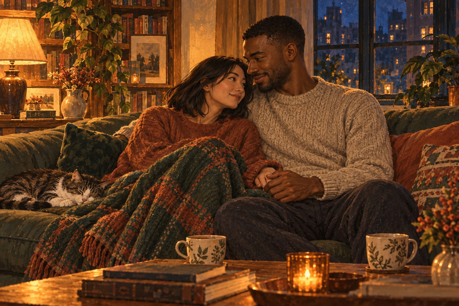 Jordan comforts Maya on their sofa with tea and a quiet listening hand.