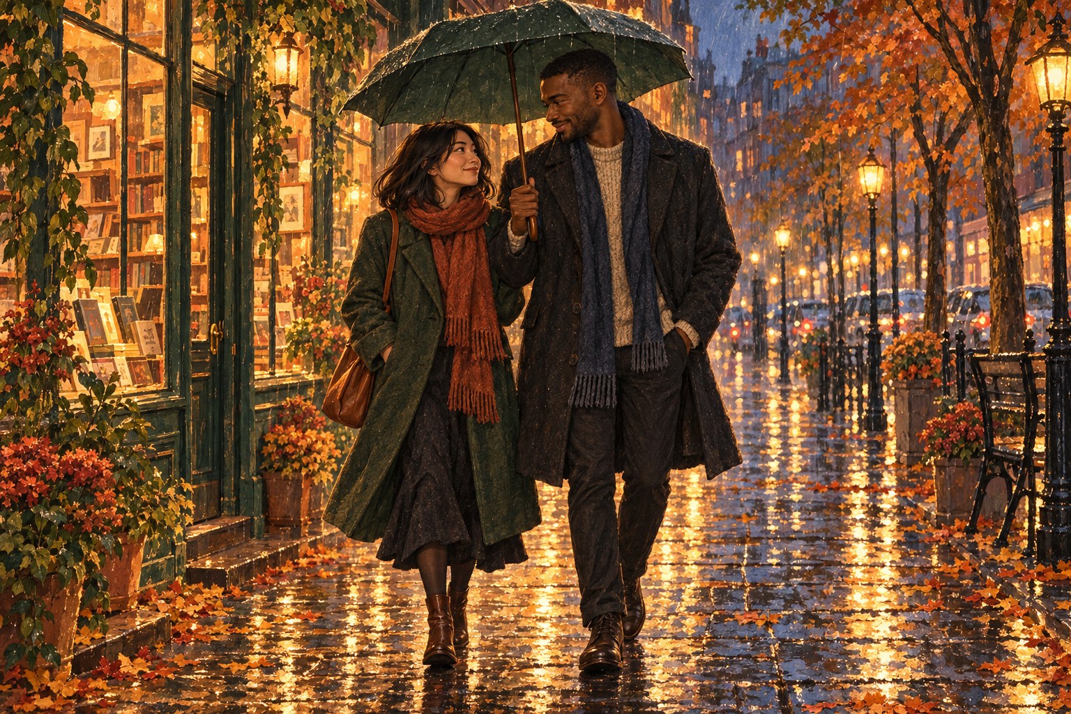 Maya and Jordan walk together under one umbrella on a rainy street.
